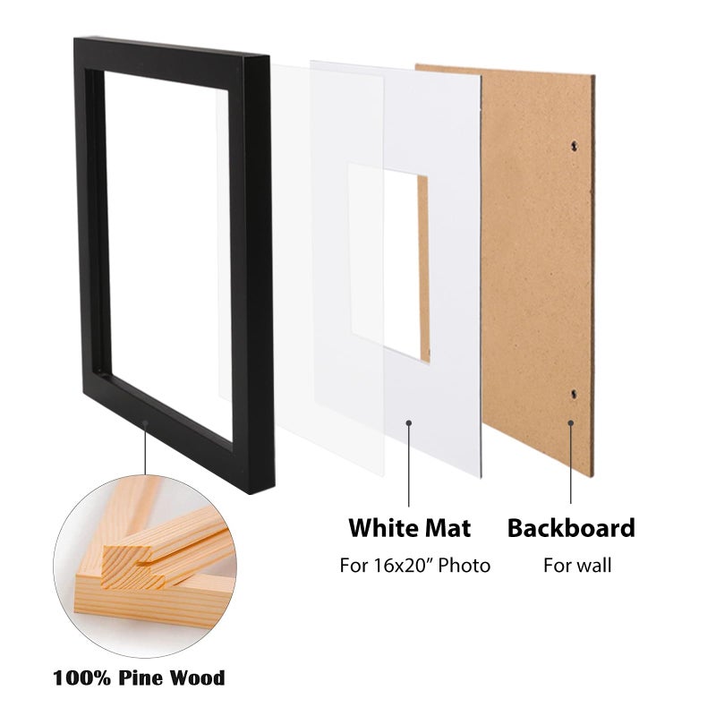 Egofine 18x24 Solid Wood Poster Frames Matted for 16x20 Black - Acrylic Plexiglass Front for Wall Mounting Hanging Picture Frame Vertically or Horizontally, Set of 2 - Image 3